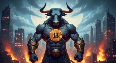 Naklejka premium Muscular bull with bitcoin necklace standing in a city skyline with fire and a full moon behind it