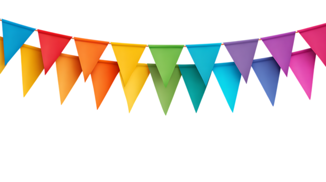 Colorful triangular bunting flags hanging isolated on white or trasparent png, suitable for party or festive decoration