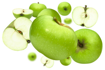 Fresh green apples, whole and sliced, isolated on transparent background.