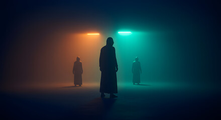 Three mysterious cloaked figures stand silhouetted in a dark, foggy space with contrasting orange and teal lights.