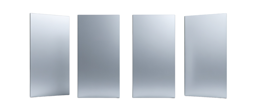 Three light gray rectangular panels, appearing to be hinged or adjustable, creating a modular design.  Each panel has a subtle reflective quality