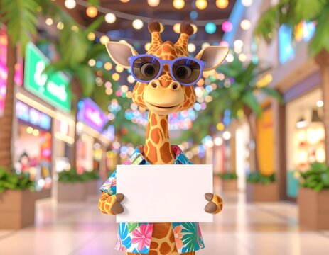 Festive giraffe in blue sunglasses and a tropical Hawaiian shirt holding an advertisement board in a decorated shopping mall