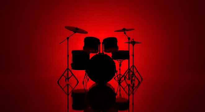 Silhouette of a drum set against a vibrant red background with dramatic lighting and stark contrast