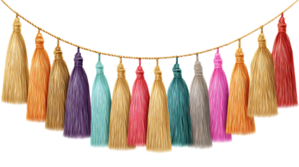 String of colorful decorative tassels hanging isolated on white or trasparent png, perfect for bohemian design accents