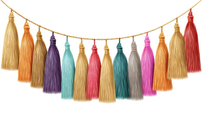 String of colorful decorative tassels hanging isolated on white or trasparent png, perfect for bohemian design accents
