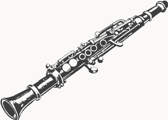 Clarinet Vintage Line Illustration, Retro Musical Instrument Black and White background