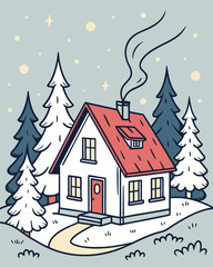 Naklejka premium Vector illustration of a cozy Christmas cabin surrounded by snow-covered pine trees and glowing lights, flat style