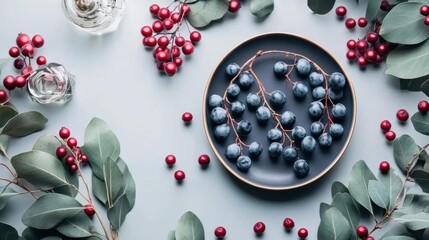 Still Life, Berries And Foliage On plate With A Winter Concept