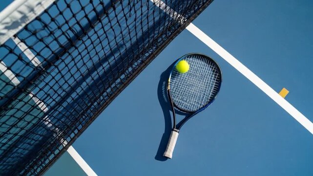 Tennis Court Ready: Racket, Ball, and Net Await the Game