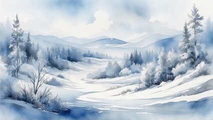 Obraz premium Winter landscape with snowy mountains and pine trees in blue tones 