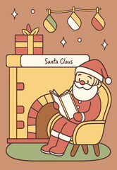 Santa Claus sitting by a glowing fireplace reading a wish list, surrounded by decorated interior and stockings 