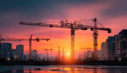 A stunning construction site silhouetted against a vibrant sunset showcasing an intricate steel framework and a towering crane in the background bringing architecture to life