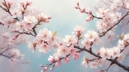 Obraz premium Cherry blossom branches with pink flowers against a soft blue background 