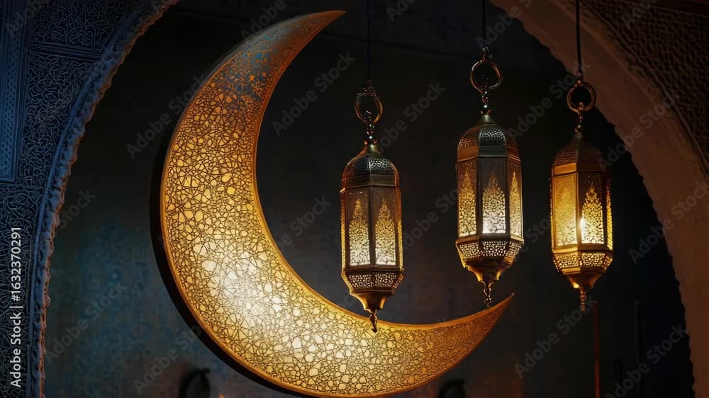 Aufkleber three lanterns hanging from the ceiling in the shape of a crescent moon. they are placed in a room w