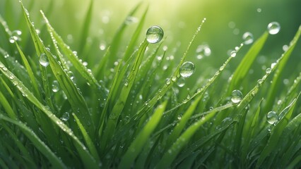 Fototapeta premium Close-up of green grass with water droplets in natural light 