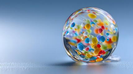 Captivating spherical water droplet with suspended multicolored plastic