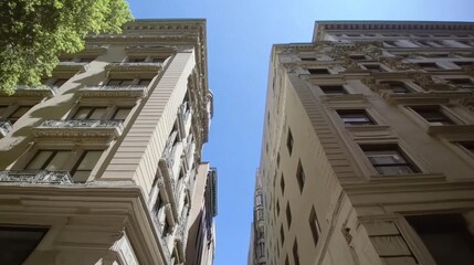 Gazing at Tall Buildings Reaching Towards Blue Sky with City Architecture Theme