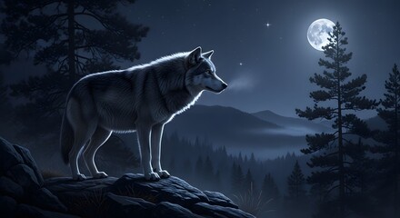 A lone wolf standing on a rock under the moonlight in a dark forest scene