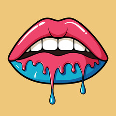 Red dripping girl lips. Woman bleeding sexy red mouth editable style vector illustratio
