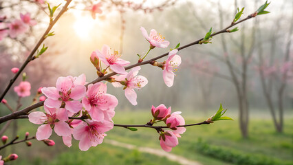 Obraz premium A delicate branch adorned with vibrant pink blossoms stretches across a tranquil spring landscape, bathed in soft sunlight and gentle morning fog, evoking a sense of natural beauty and peaceful growth