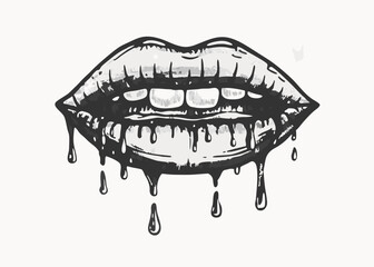 Woman bleeding sexy red mouth. Melting kiss with lipstick vintage style Minimalist concept vector illustration