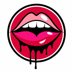 Red dripping girl lips. Woman bleeding sexy red mouth. Melting kiss with lipstick, Valentines, mothers day logo vector illustration