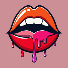 Red dripping girl lips. Woman bleeding sexy red mouth. Melting kiss with lipstick, Valentines, mothers day logo vector illustration
