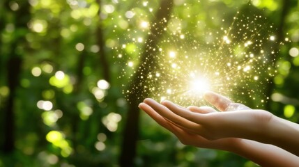 Hold Sparkles of Light in Hands with Green Bokeh Concept Theme