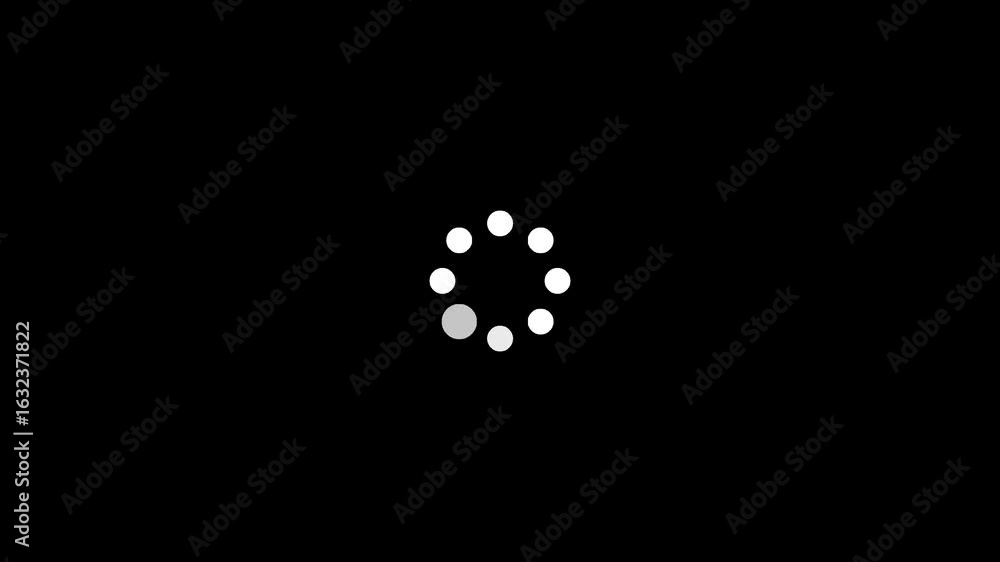 Poster animated loading circle icon with rotating dots on a black background, indicating buffering, waiting