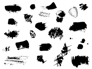 Set of Abstract Grunge Black Brush Strokes. Black hand drawn smears. Chinese, Japanese calligraphy brushstrokes set. Rough grunge thick paint line texture. Chalk vector illustration. Marker pen.