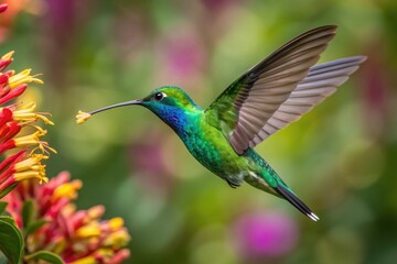 Obraz premium A vibrant green hummingbird with iridescent blue feathers hovers midair, feeding from a colorful flower in a garden