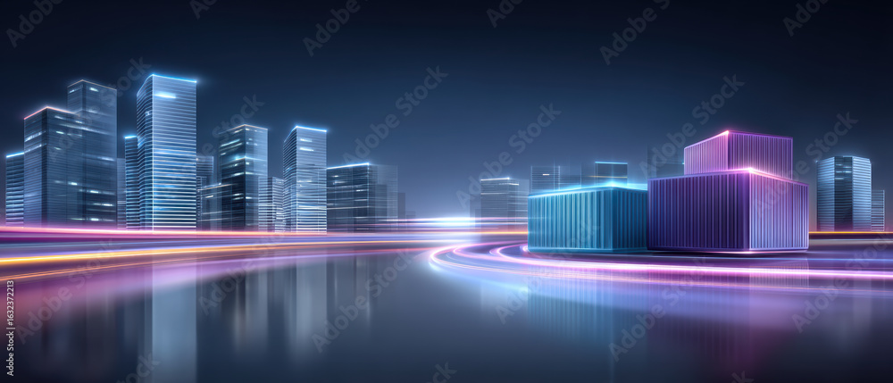 Poster container loading area with futuristic neon light trails and modern cityscape at night creating dyna