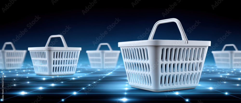 Aufkleber plastic container basket with handle in futuristic loading area with glowing grid and multiple conta