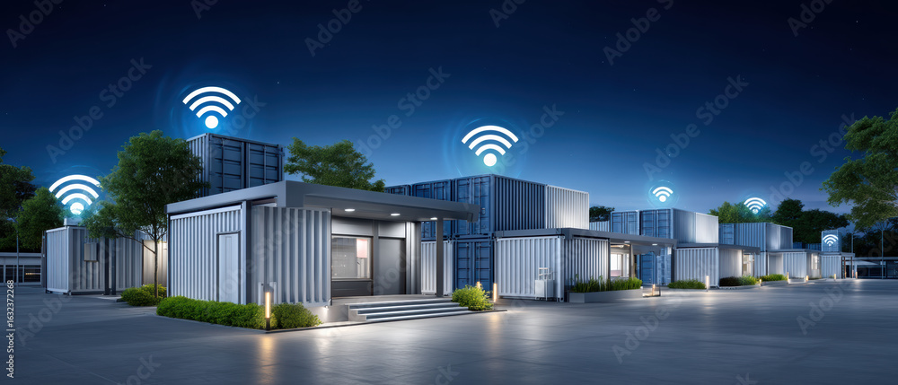 Poster smart container homes with wireless internet signals in loading area at night showing modern technol