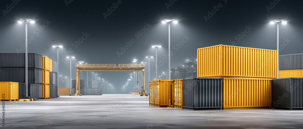 Poster container loading area at night with stacked yellow and gray shipping container under bright lights 