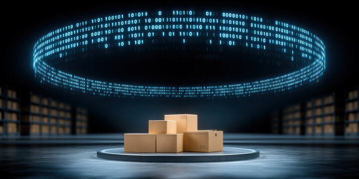 Digital container loading area with cardboard box stack and binary code ring symbolizing data flow and logistics technology