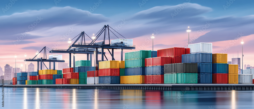 Poster container loading area at harbor with colorful stacked cargo container and cranes during sunset with