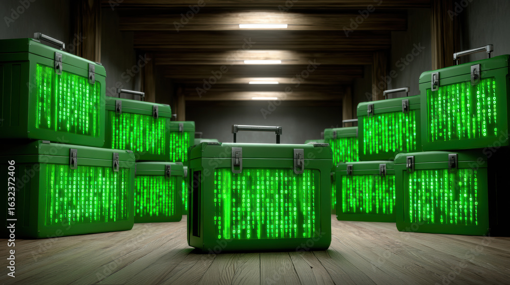 Poster green container with digital code loading dark area showing futuristic technology and data storage s