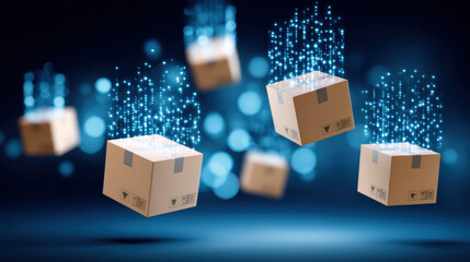 Digital container with loading data floating dark area with blue light effects showing futuristic technology and virtual connection modern concept