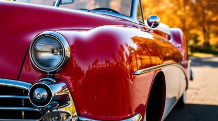 A classic red and white vintage car