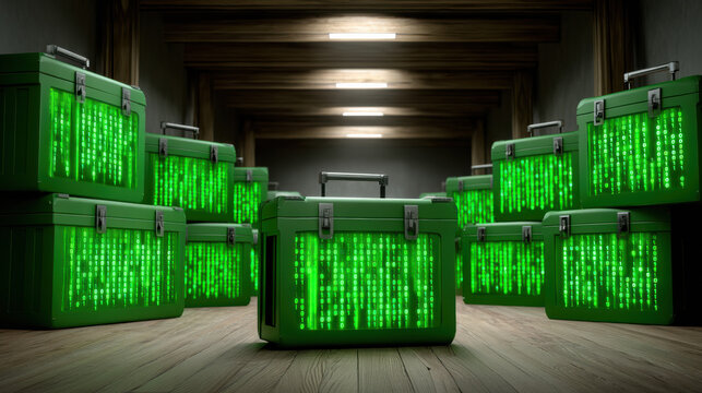 Green container with digital code loading dark area showing futuristic technology and data storage secure environment with multiple containers