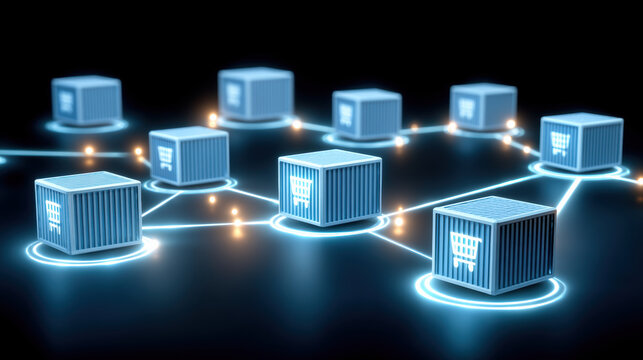 Digital container loading area with connected network nodes symbolizing logistics and e commerce distribution system