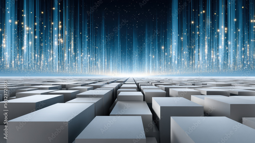 Poster container loading area with futuristic glowing light streaks above vast grid of metallic cubes creat