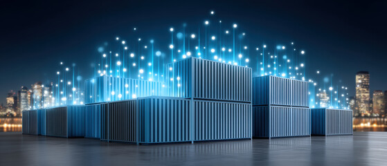 Container loading area with digital data connection concept showing technology and logistics in urban environment at night