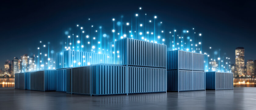 Container loading area with digital data connection concept showing technology and logistics in urban environment at night