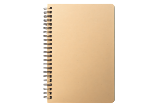 Blank kraft paper notebook with spiral binding, isolated on white or trasparent png backdrop.