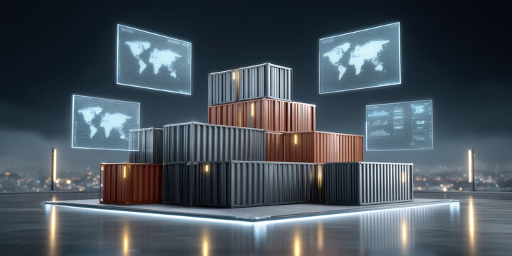 Container loading area with stacked cargo containers and digital world map screens showing global logistics and shipping data at night