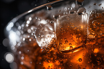 Close-Up View of Cold Cola in Glass with Ice Cubes and Carbonated Bubbles for Refreshing Drink Concept, Thirst Quenching Drink, Soda Drinks, Carbonated Icy drinks