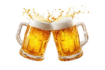 Two beer mugs clinking together, frothy, golden liquid