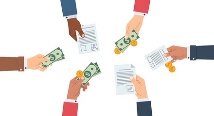 Crowdfunding and Collective Financial Participation. Hands holding money and documents in a circular arrangement, symbolizing investment, fundraisi...